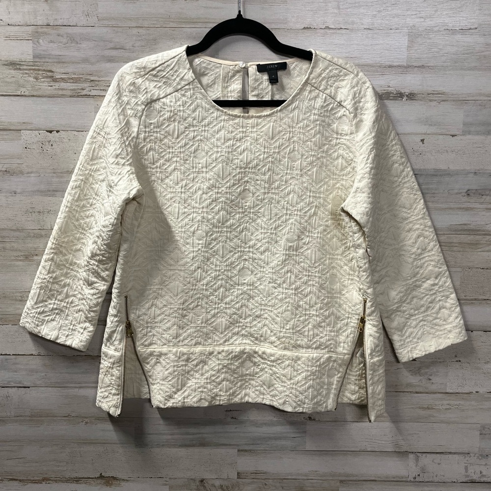 J. Crew Cream Textured Matelasse Boxy Brocade 3/4 Sleeve Zip Top